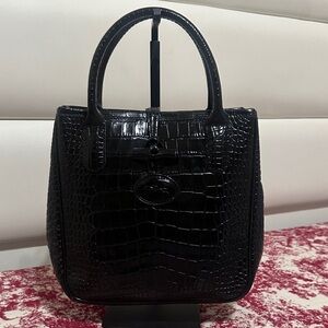 Longchamp Structured Croc-Embossed Black Hand Bag